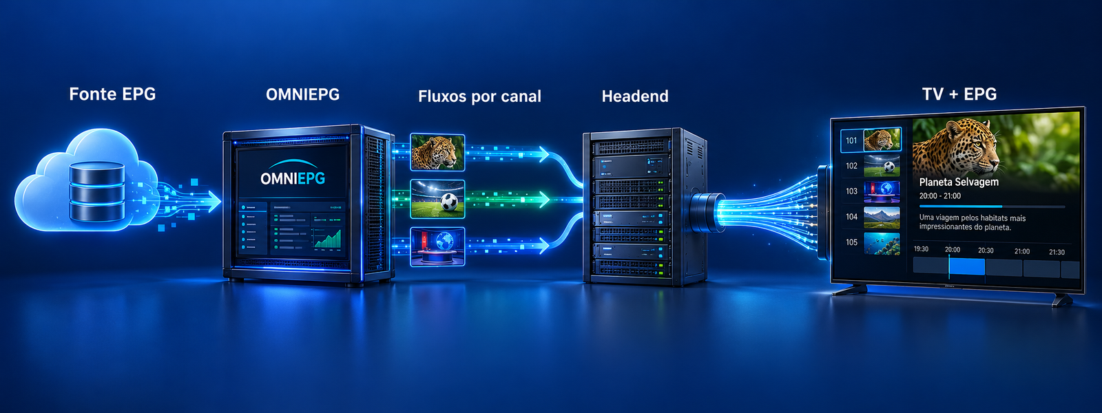 Fluxo do EPG: fonte externa, plataforma OMNIEPG, fluxos individuais por canal, headend pela fibra e televisor exibindo a programação